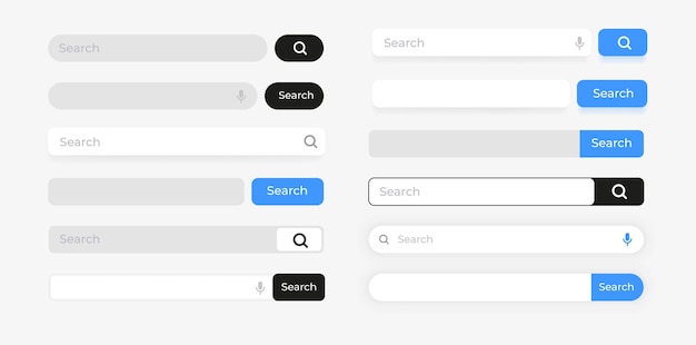 Search bar Website box with button interface element Site input form graphic symbol with shadow effect Network UI microphone and magnifier icons Vector finding information digital empty fields set