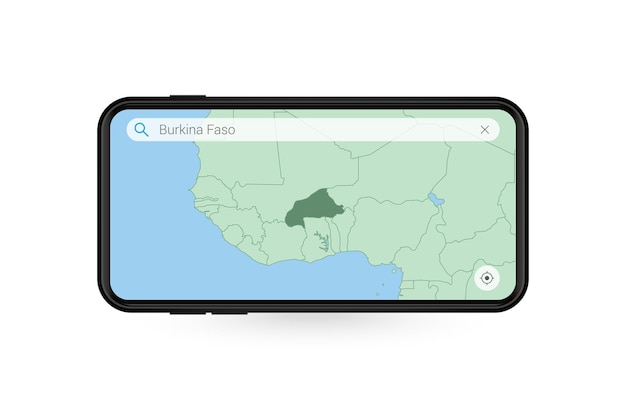 Searching map of Burkina Faso in Smartphone map application. Map of Burkina Faso in Cell Phone.