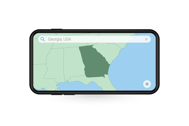 searching map of georgia in smartphone map application. map of georgia in cell phone.