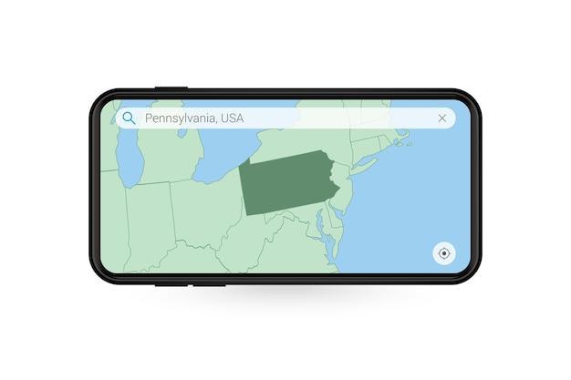 searching map of pennsylvania in smartphone map application. map of pennsylvania in cell phone.