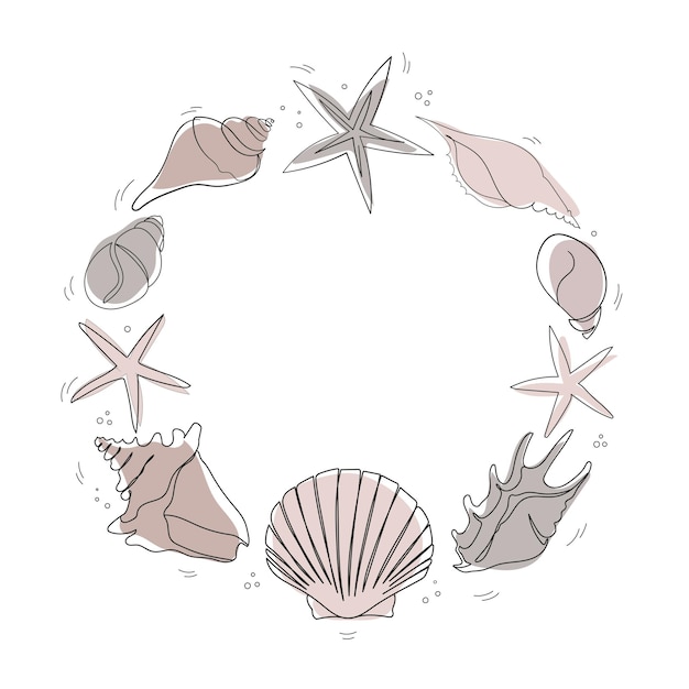 seashells frame in doodle style one line drawing of a shell summer tropical ocean beach style