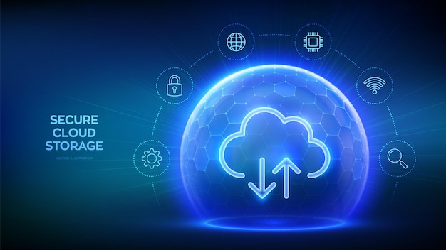 Secure Cloud Storage Cloud icon inside transparent protection sphere shield with hexagon pattern on blue background Cloud computing Database storage Data center protection Vector illustration