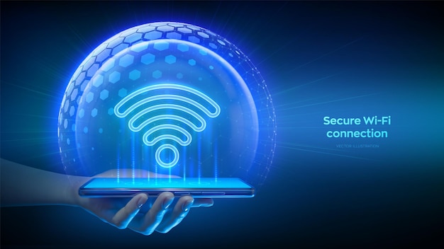 Secure WiFi network connection on smartphone WiFi network icon inside transparent protection sphere shield with hexagon pattern Wifi wireless internet access Cyber Security Vector illustration