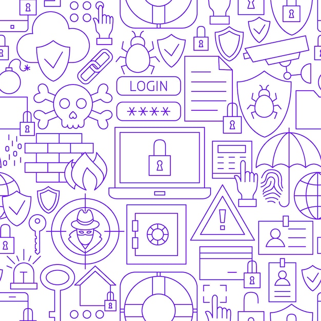 Security Protect Line Seamless Pattern Vector Illustration of Outline Background