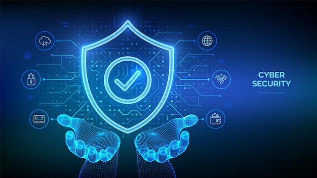 security shield cyber security protection shield with check mark icon in wireframe hands cyber data protection information privacy idea circuit board pattern pcb printed circuit texture vector