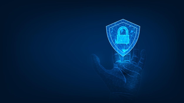Security system lock shield in hand polygon shape Internet privacy protection or cyber protection
