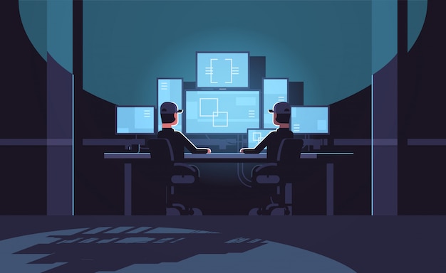 security workers watching video surveillance cameras