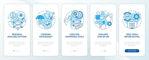 Selecting business tools tips blue onboarding mobile app screen
