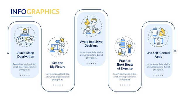 Self-control boosting tips vector infographic template. Personal growth presentation design elements. Data visualization with 5 steps. Process timeline chart. Workflow layout with linear icons