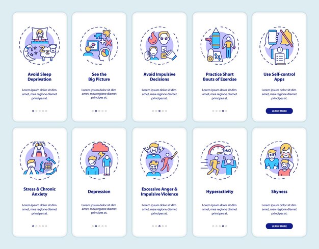 self control onboarding mobile app page screen with concepts set