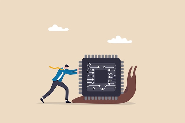 semiconductor and computer chip shortage slow down world economic, supply chain problem impact electronics and car manufacturing, businessman trying so hard to push semiconductor chip on slow snail.