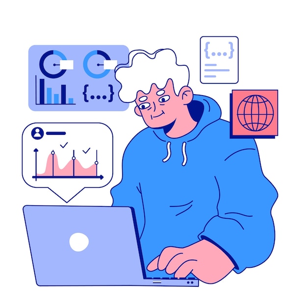 Senior developer Oldman programming and coding Developing and maintaining website and app Oldster IT specialist working in server and data processing centers Flat vector illustration