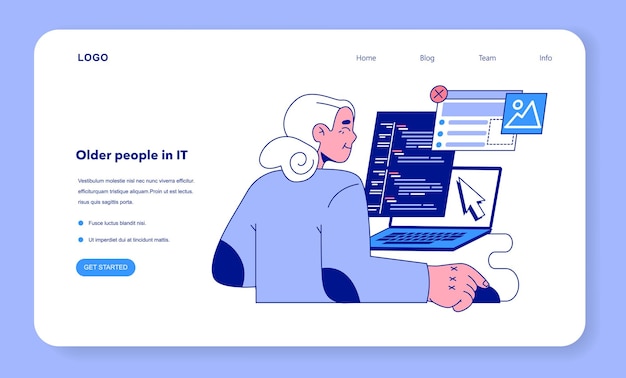 Senior developer web banner or landing page Old woman programming and coding Developing and maintaining website or app IT specialist working in data processing centers Flat vector illustration
