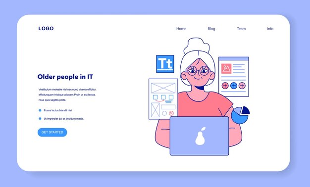 Senior developer web banner or landing page old woman programming and coding developing and