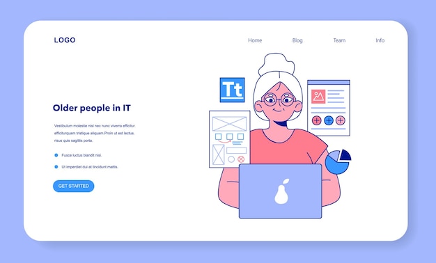 Senior developer web banner or landing page Old woman programming