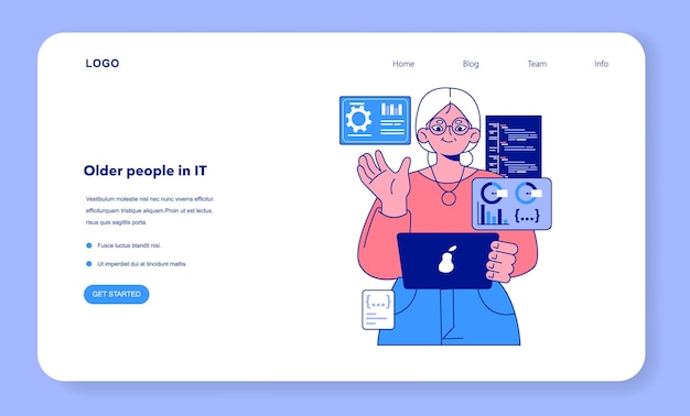 Senior developer web banner or landing page Old woman programming