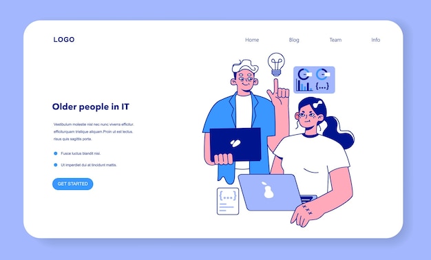 Senior developer web banner or landing page oldman helping a young coworker or junior developing and