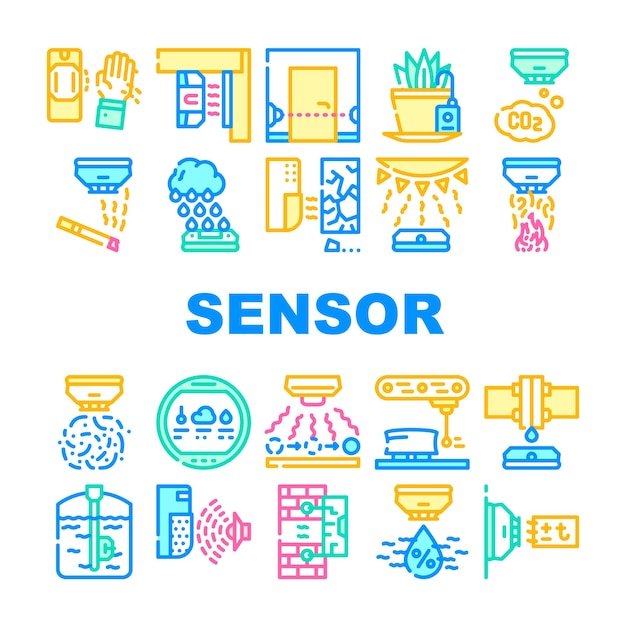 Sensor Electronic Tool Collection Icons Set Vector Motion And Vibration Beam And Humidity Plant Watering And Dimension Gauge Fire And Smoke Sensor Concept Linear Pictograms Contour Illustrations