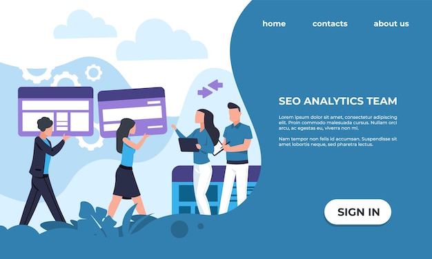 SEO analytics team landing page Website promotion service Web interface with headline text and buttons Popularity of internet resource and online platforms Vector display template