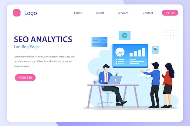 SEO-analytiikkatiimi Hakukoneoptimointi SEO-menestys SEO-optimointi -kuvitus kuvakkeilla ja merkeillä Litteä vektorimallityyli Sopii verkkosivujen aloitussivuille