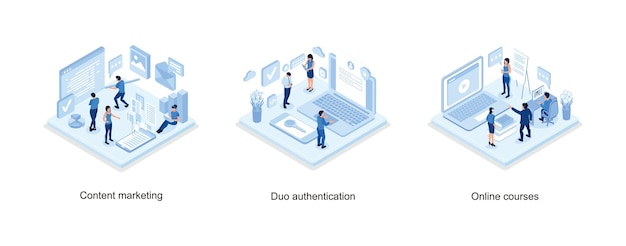 Seo and content marketing banner with character Duo authentication concept banner with text place Online courses concept set isometric vector illustration