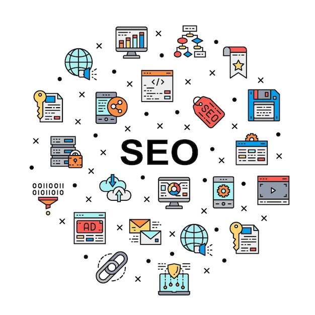 SEO circle promotion icon banner Search Engine Optimization design element with icon illustrations