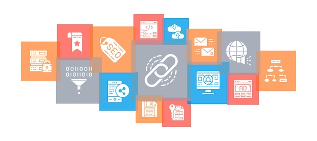 SEO line icons banner Bookmark Hosting Hyperlink Data promotion illustration for ecommerce banner