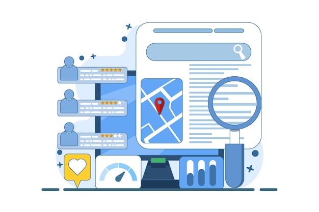 seo map optimization concept illustration with business appears on search engine result page