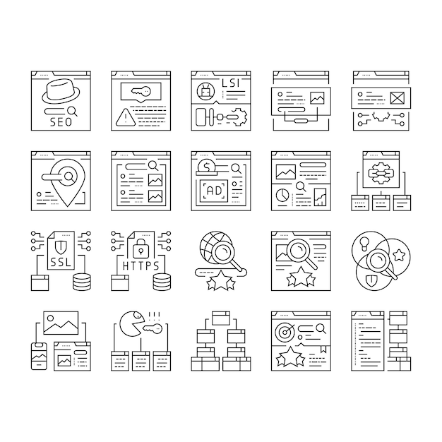 seo market rank search icons set vector