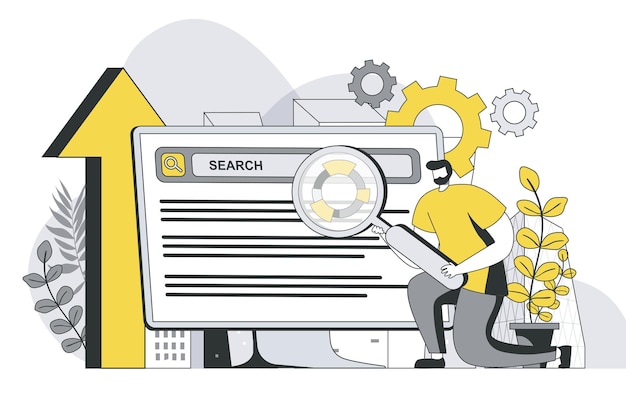 Seo optimization concept with outline people scene Man settings search and analyzes SEO promotes