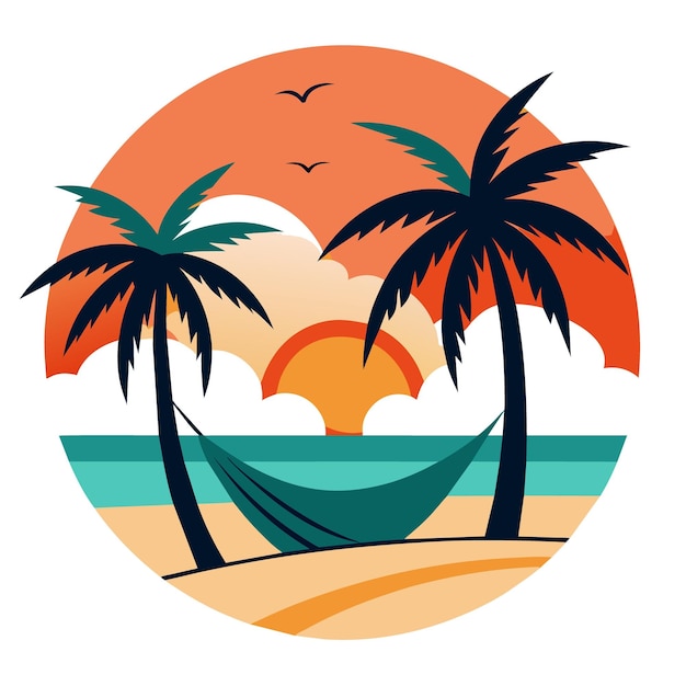 serene beach scene with a hammock between two palm trees a setting sun and gentle waves