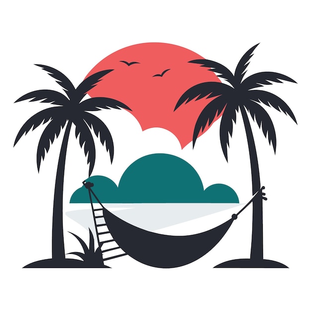 serene beach scene with a hammock between two palm trees a setting sun and gentle waves