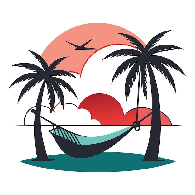 serene beach scene with a hammock between two palm trees a setting sun and gentle waves