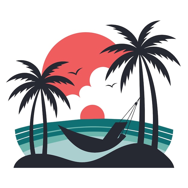 serene beach scene with a hammock between two palm trees a setting sun and gentle waves