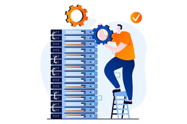 server maintenance concept with people scene in flat cartoon design man working in server rack hardware room settings and optimization fixing connection vector illustration visual story for web