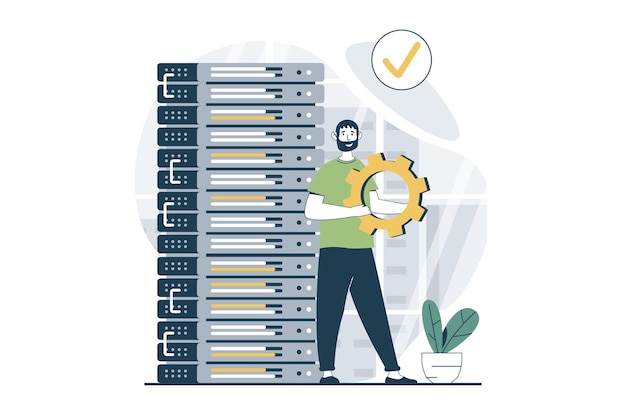 server maintenance concept with people scene in flat design for web man works as tech administrator and fixing equipment in rack room vector illustration for social media banner marketing material