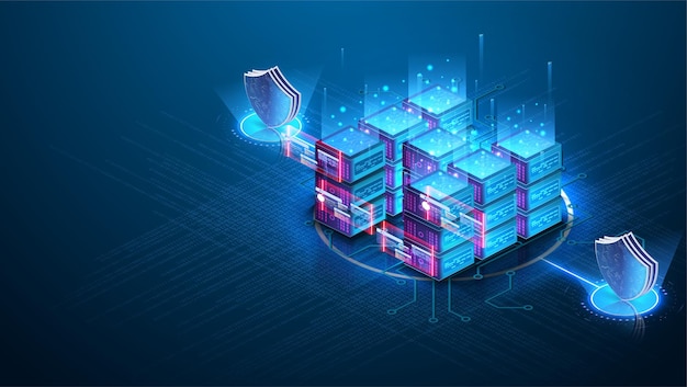 server room isometric cloud storage data data center big data processing and computing technology data protection a shield against the background of the server room server farm communication