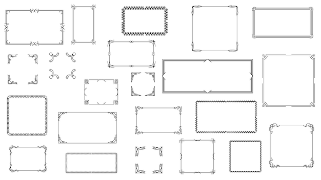 set black simple line frame collection doodle square floral frame elements vector design style