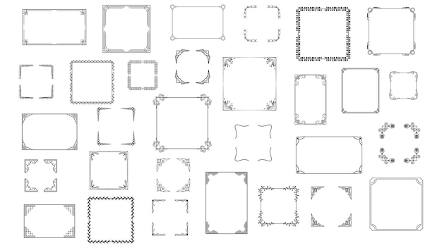 set black simple line frame collection doodle square floral frame elements vector design style
