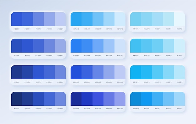 Set Blue pantone color palette in rgb hex Blue color catalog neumorphic style color palette for ui