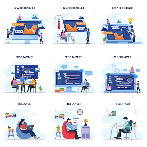 Set bundle Modern flat design of Work from home concept Freelance concept Flat Style vector