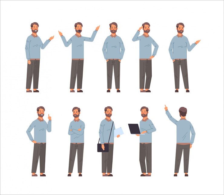 Vektori set businessman in different poses gesture emotions and body language concept