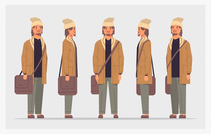 Vektori set casual man front side view male character different views for animation full length horizontal