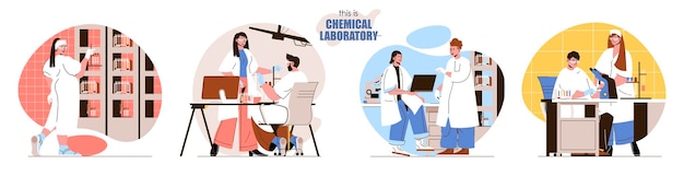 Set chemical laboratory flat design concept illustration of people characters