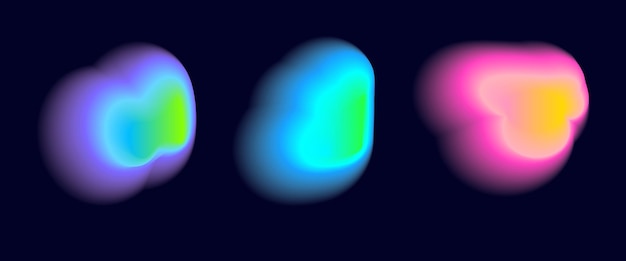 Set color neon irregular blob gradient blend gradation Abstract colorful blur shapes on dark blue background Abstract y2k pop design elements Aura concept with glow effect Vector illustration