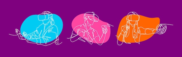 Set continuous line drawing with color of different people playing game using VR headset Editable