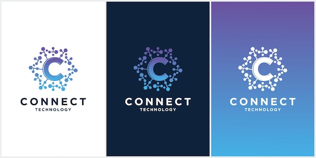 set creative C Letter with Dot Circle Connected as Network Logo technology