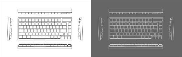 Set custom mechanical gaming keyboard vector from all view outline line drawing blueprint