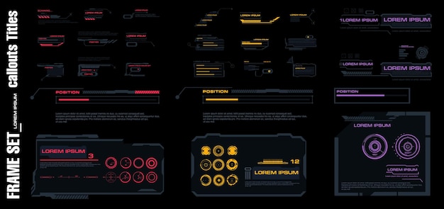 Set frames callouts and headers Set of modern elements for the HUD interface Menu elements for the game HUD interface Information panels and boxes