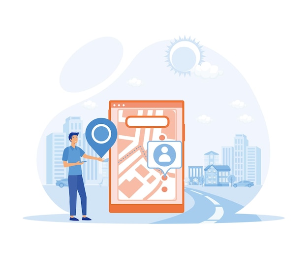 set geolocation male and female searching route and looking on map online in smartphone application